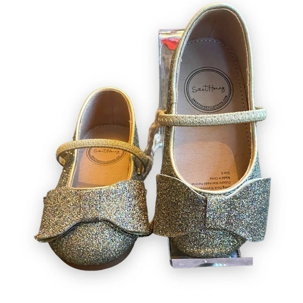 SweetHoney Kids Gold Glitter Mary Jane Flats with Bow Accent Size 5